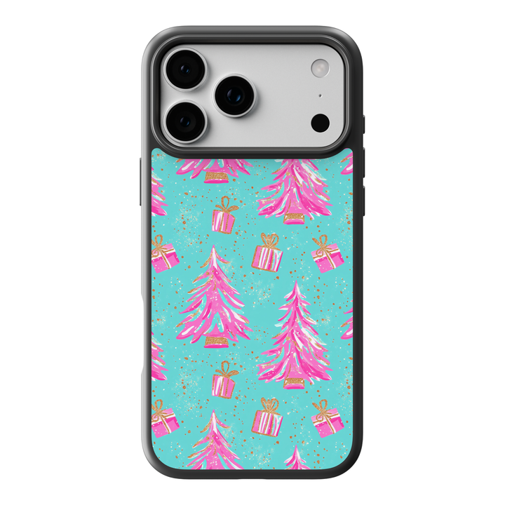 Turquoise phone case with pink Christmas trees and glitter-style gift box pattern, girly holiday aesthetic