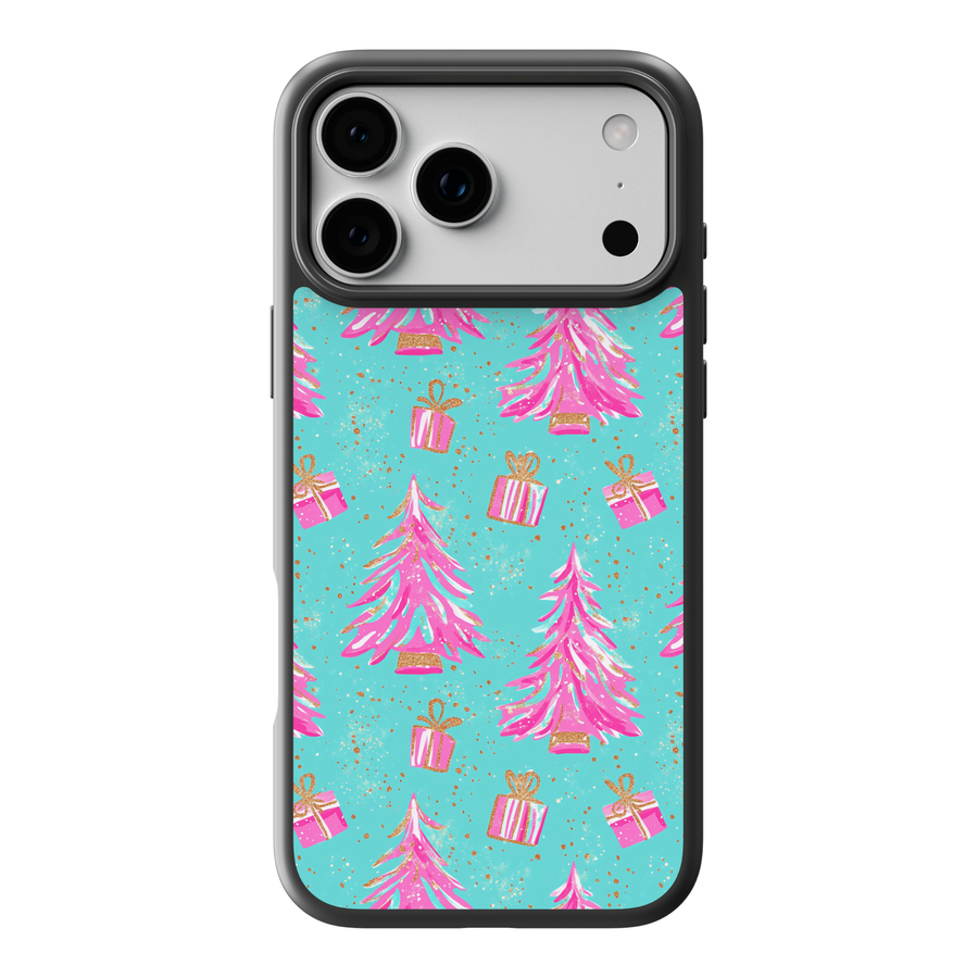 Turquoise phone case with pink Christmas trees and glitter-style gift box pattern, girly holiday aesthetic
