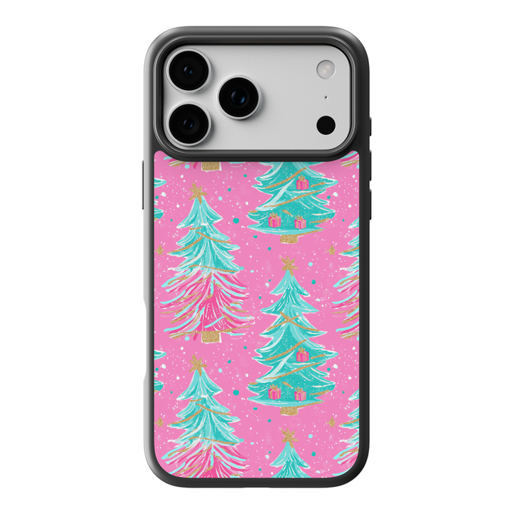 Girly pink Christmas tree phone case with teal trees, gold stars, and festive holiday details