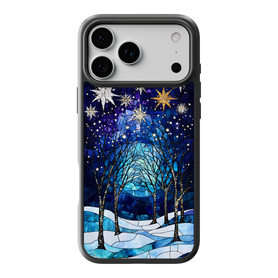 Stained glass winter forest phone case with stars, snowy hills, and glowing blue night sky