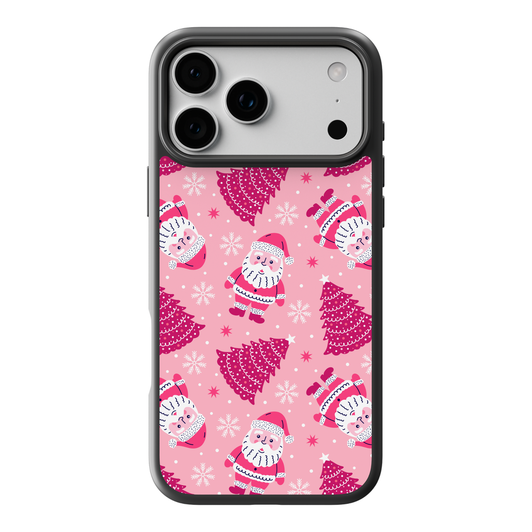 Pink Santa Christmas phone case with cute holiday trees and snowflakes