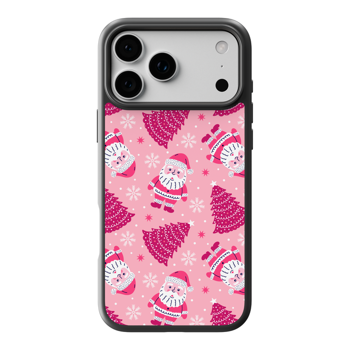 Pink Santa Christmas phone case with cute holiday trees and snowflakes
