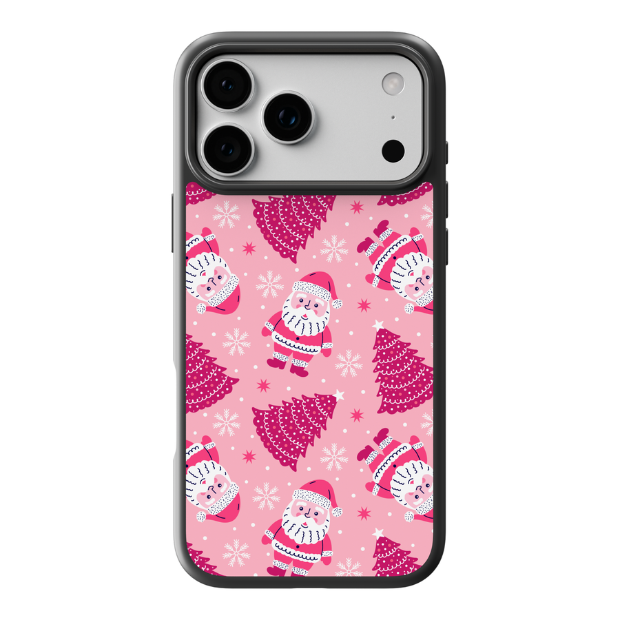 Pink Santa Christmas phone case with cute holiday trees and snowflakes