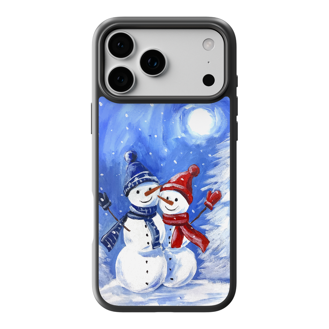 Snowman couple hugging winter scene phone case in blue and red tones