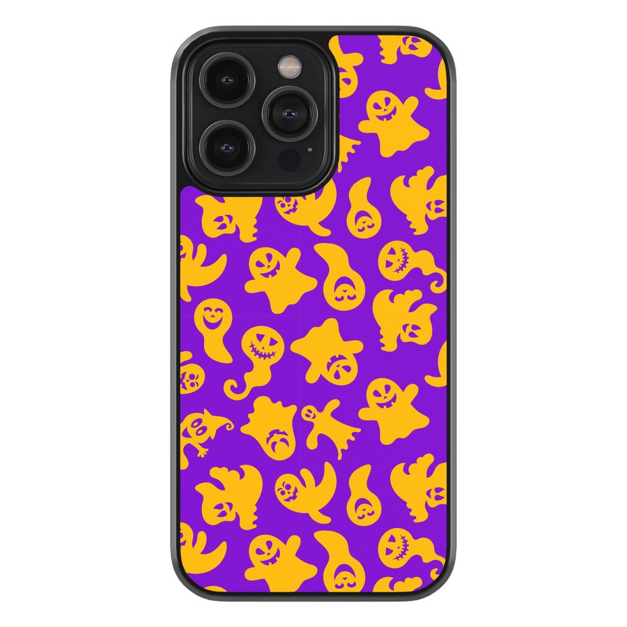 Halloween pumpkin and witch hat iPhone case with ghost, bat, and star pattern on cream background.