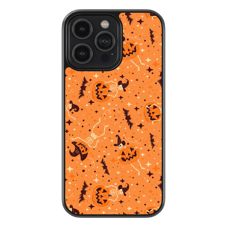 Orange pumpkin skeleton iPhone case with bats, witch hats, and Halloween stars – spooky cute protective phone cover for iPhone.