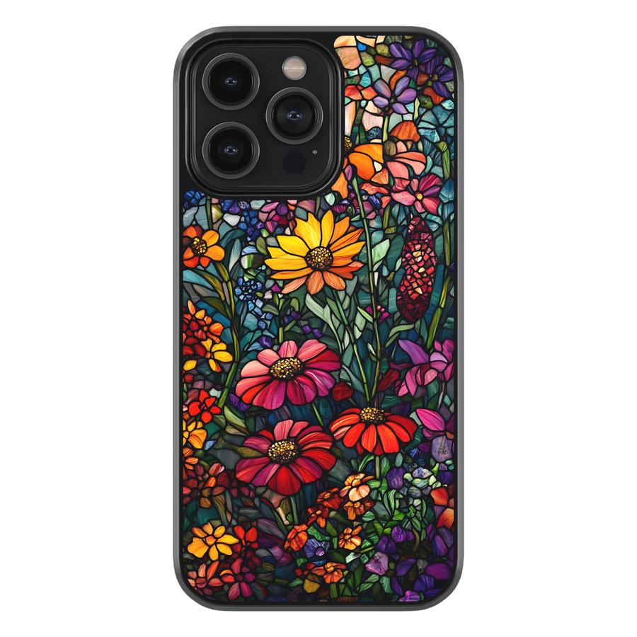 Colorful stained glass floral iPhone case with butterfly details, artistic flower phone cover for iPhone
