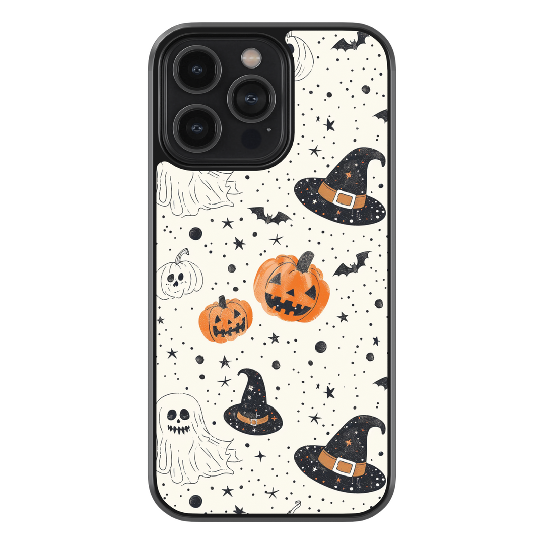 Halloween pumpkin and witch hat iPhone case with ghost, bat, and star pattern on cream background.