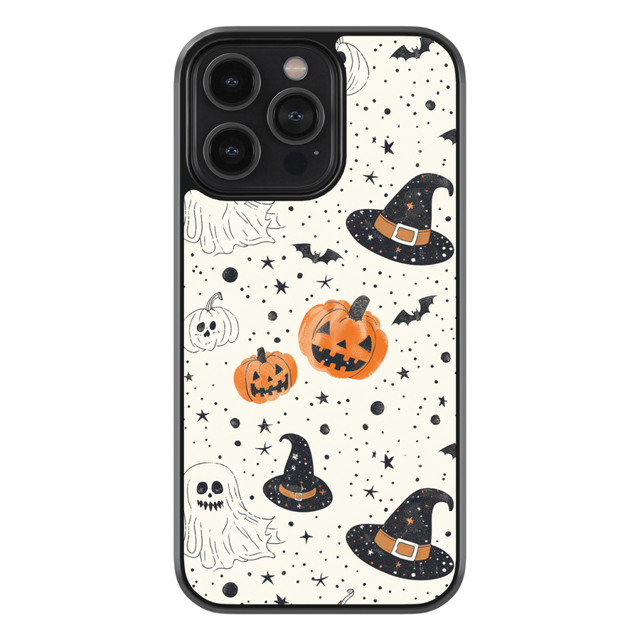 Halloween pumpkin and witch hat iPhone case with ghost, bat, and star pattern on cream background.