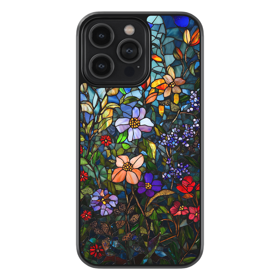 Colorful stained glass floral iPhone case with butterfly details, artistic flower phone cover for iPhone