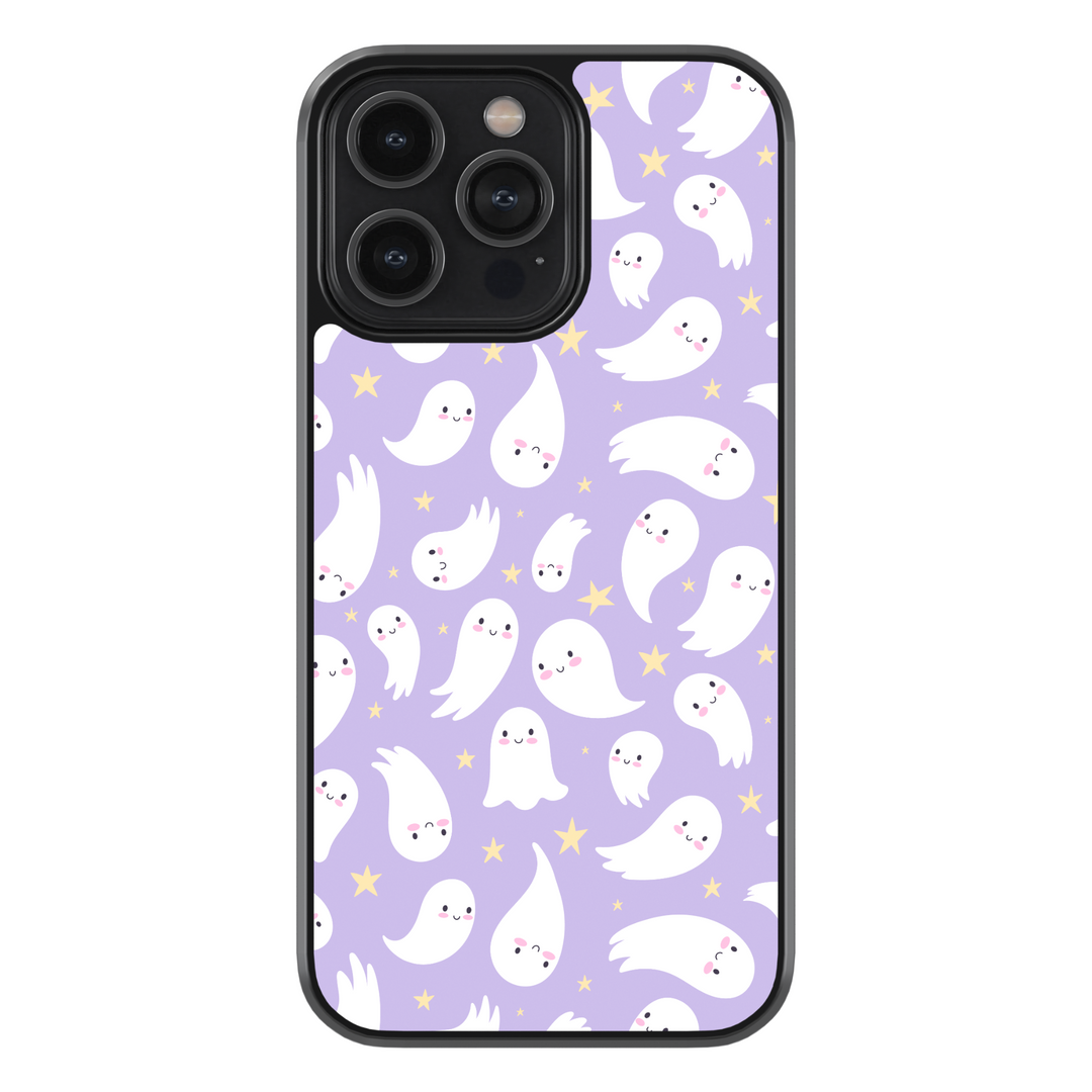Pastel purple ghost phone case with cute white ghosts and yellow stars – Halloween aesthetic iPhone cover