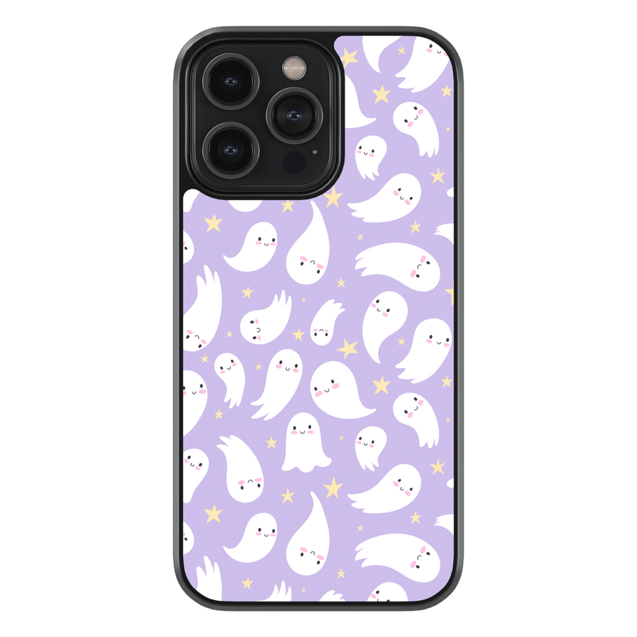 Pastel purple ghost phone case with cute white ghosts and yellow stars – Halloween aesthetic iPhone cover