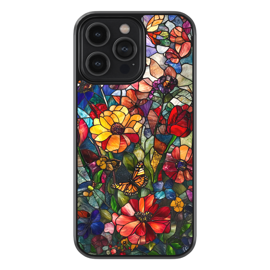 Colorful stained glass floral iPhone case with butterfly details, artistic flower phone cover for iPhone