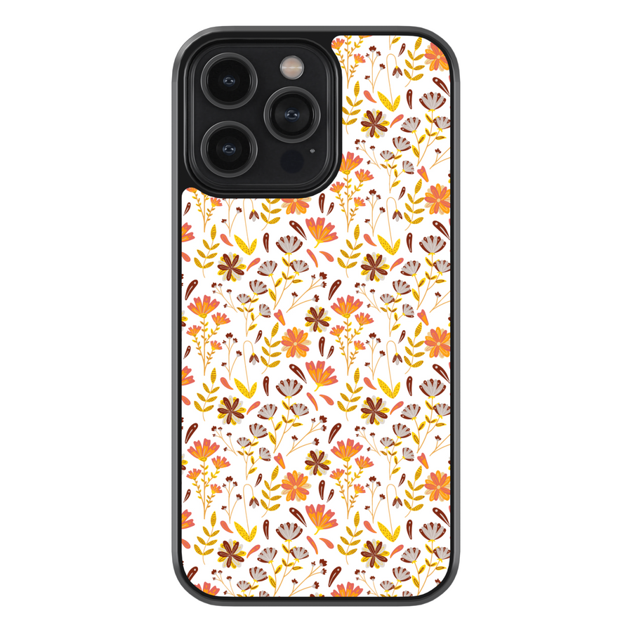 Fall floral iPhone case with autumn flowers pattern in orange, yellow, and brown colors – cute and aesthetic protective cover for iPhone models.