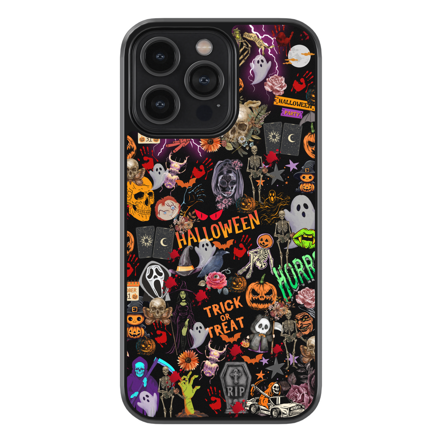 Halloween collage phone case with ghosts, pumpkins, skeletons, bats, roses, spider webs, and spooky sticker-style icons on a black background.