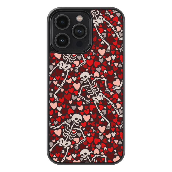 Hearts Skeleton iPhone Case, Halloween iPhone cover with spooky skeletons and pumpkin heads, cute gothic phone case with black background, protective fall phone case, stylish skeleton iPhone cover