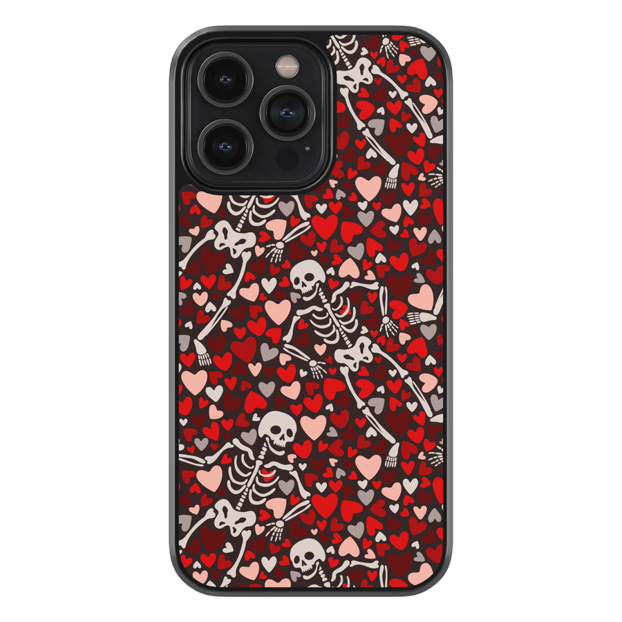 Hearts Skeleton iPhone Case, Halloween iPhone cover with spooky skeletons and pumpkin heads, cute gothic phone case with black background, protective fall phone case, stylish skeleton iPhone cover