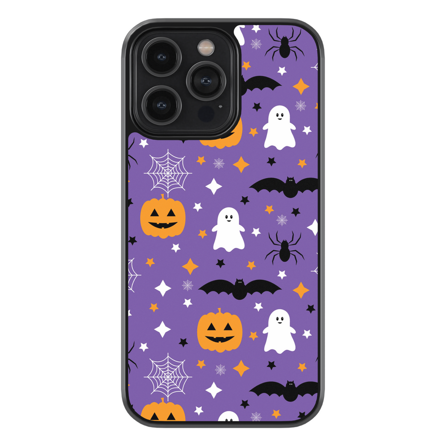 Purple Halloween phone case with ghosts, pumpkins, bats, spiders, and stars.