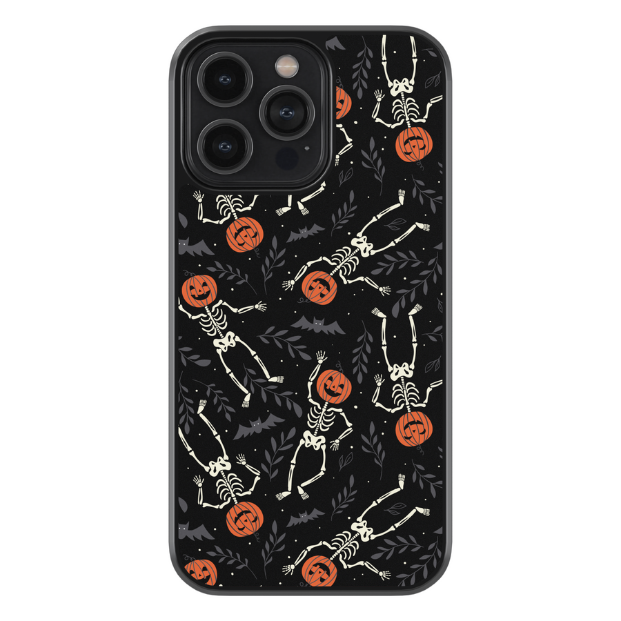Pumpkin Skeleton iPhone Case, Halloween iPhone cover with spooky skeletons and pumpkin heads, cute gothic phone case with black background, protective fall phone case, stylish skeleton iPhone cover