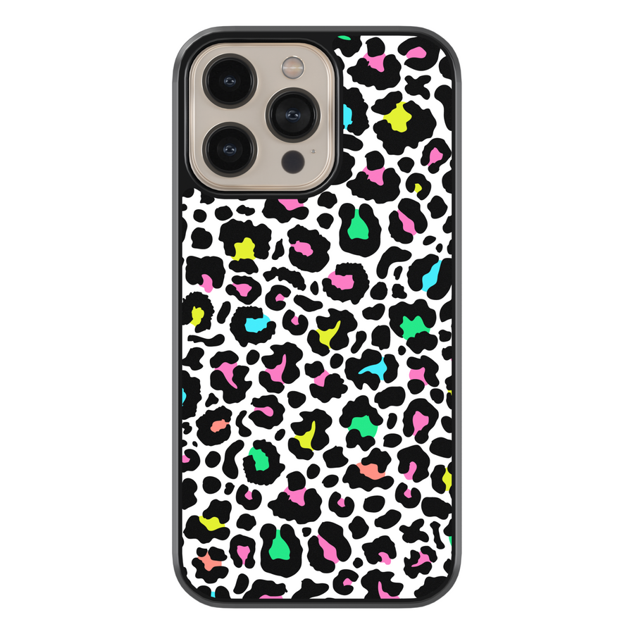 iPhone case with colorful neon leopard print design in pink, green, yellow, and teal on a white background – trendy girly protective phone cover.