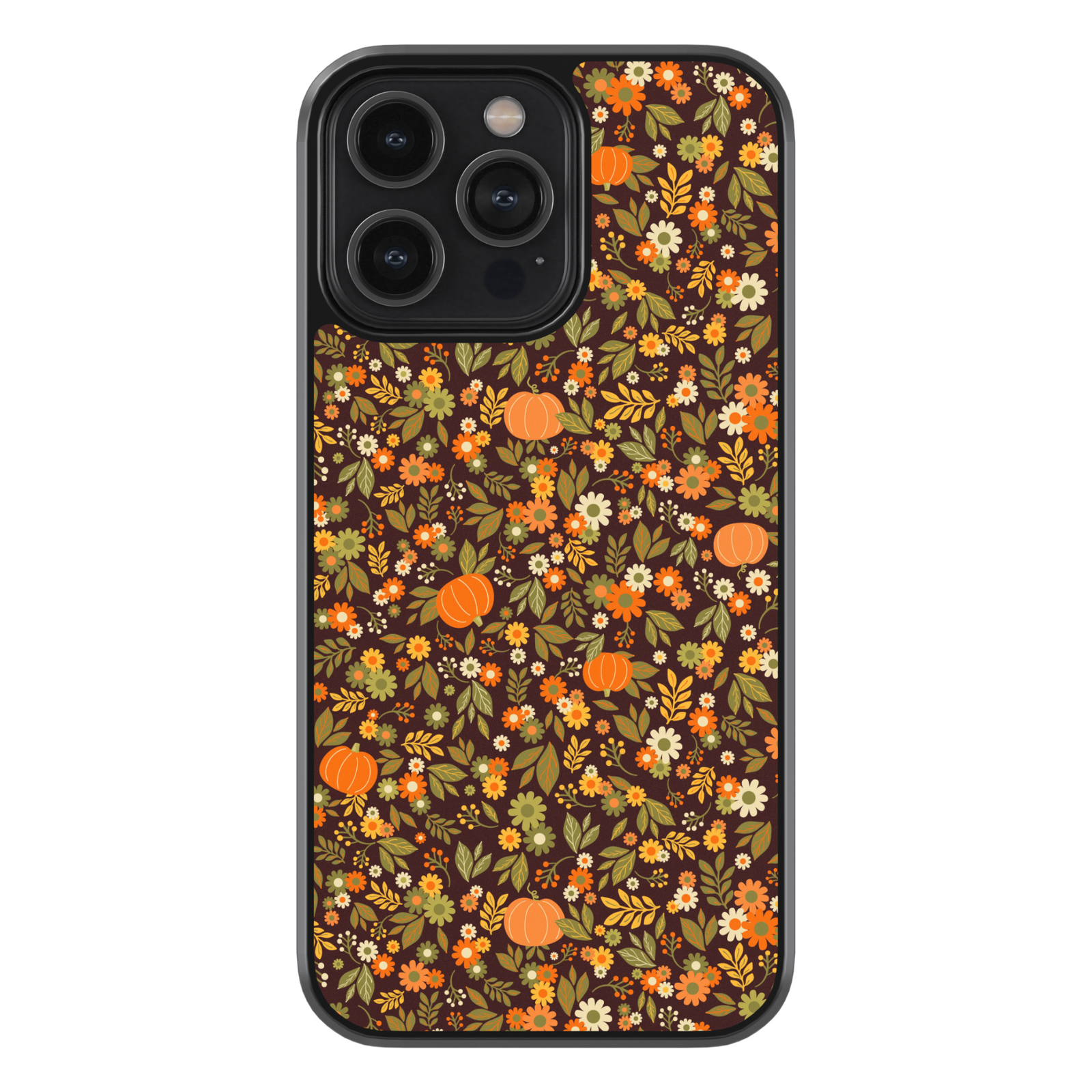 iPhone case with chic pumpkin and floral pattern in warm autumn tones – girly fall aesthetic design.
