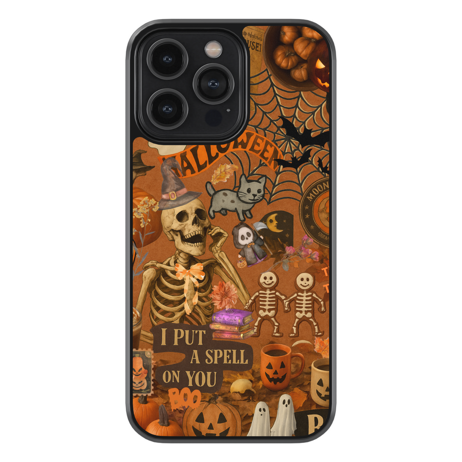 Halloween iPhone case with vintage collage design, spooky skeleton, pumpkins, ghosts, cobwebs, witch hat, retro orange background, aesthetic spooky cute Halloween phone cover