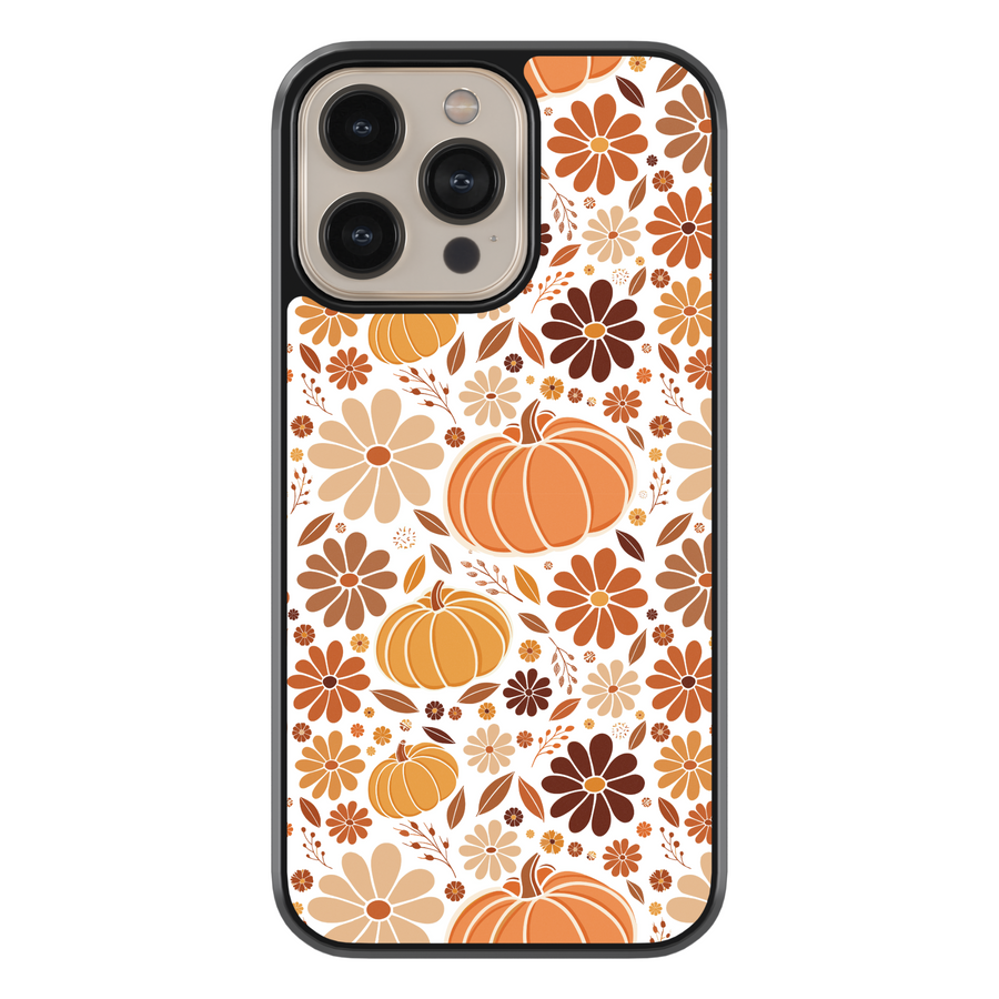 iPhone case with fall pumpkin floral pattern in warm autumn colors – Harvest Bloom protective phone cover