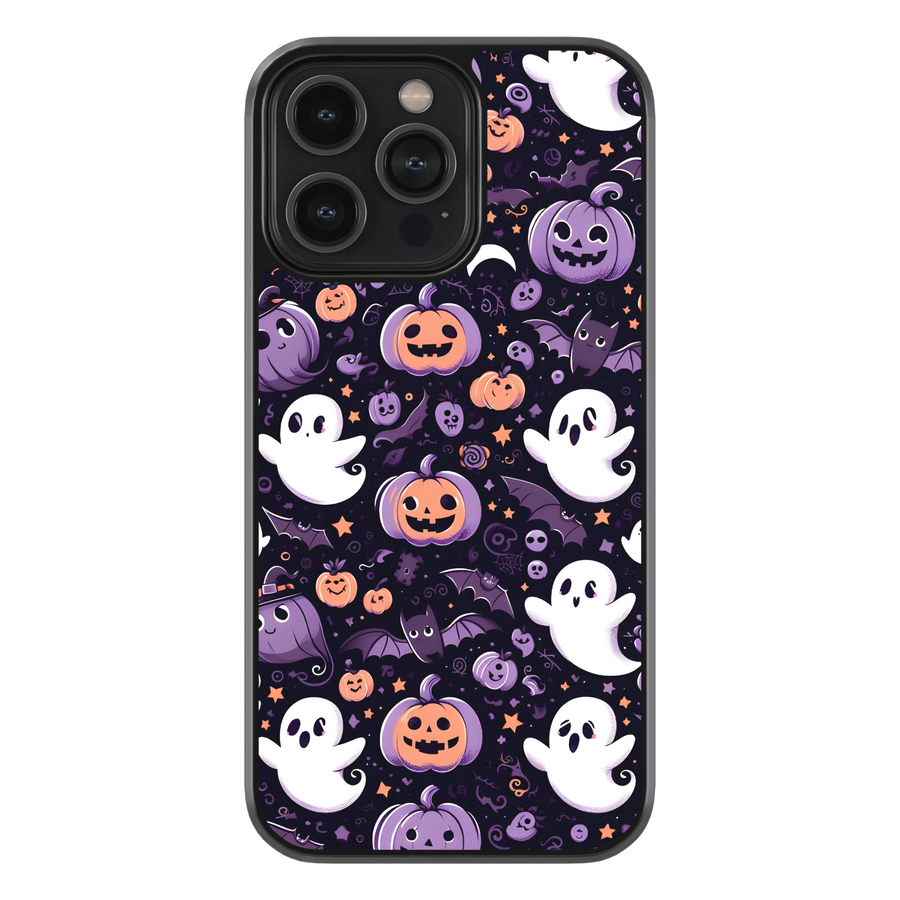 Halloween haunted house phone case with glowing pumpkins, ghosts, bats, and colorful night sky – spooky protective iPhone and Samsung Galaxy cover for Halloween aesthetic