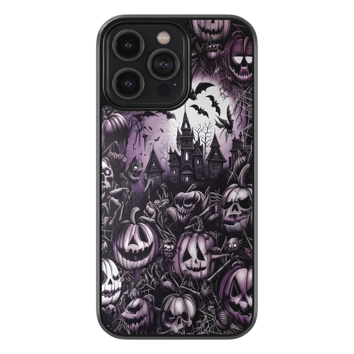 Halloween iPhone case with haunted mansion design, purple gothic background, creepy jack-o’-lantern pumpkins, bats, cobwebs, skulls, and eerie spooky graveyard pattern – protective shockproof phone cover for iPhone