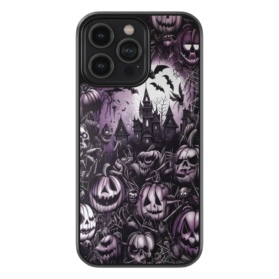 Halloween iPhone case with haunted mansion design, purple gothic background, creepy jack-o’-lantern pumpkins, bats, cobwebs, skulls, and eerie spooky graveyard pattern – protective shockproof phone cover for iPhone