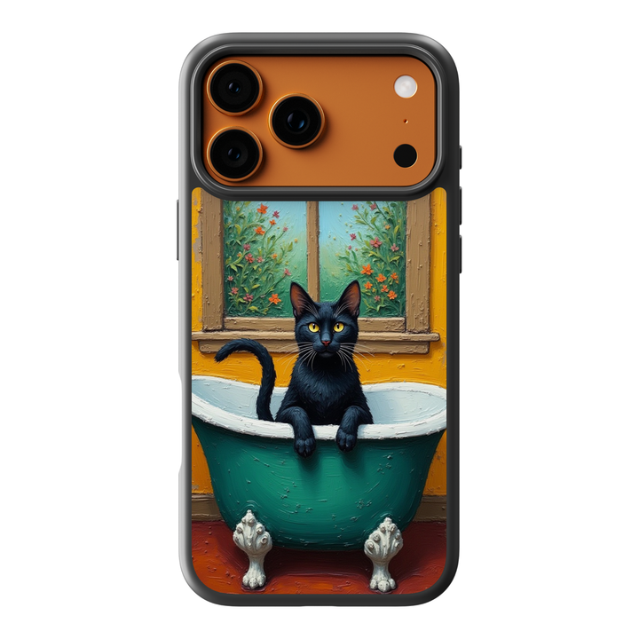 Black cat sitting in a vintage green clawfoot bathtub with a painted window and floral background on a colorful artistic phone case