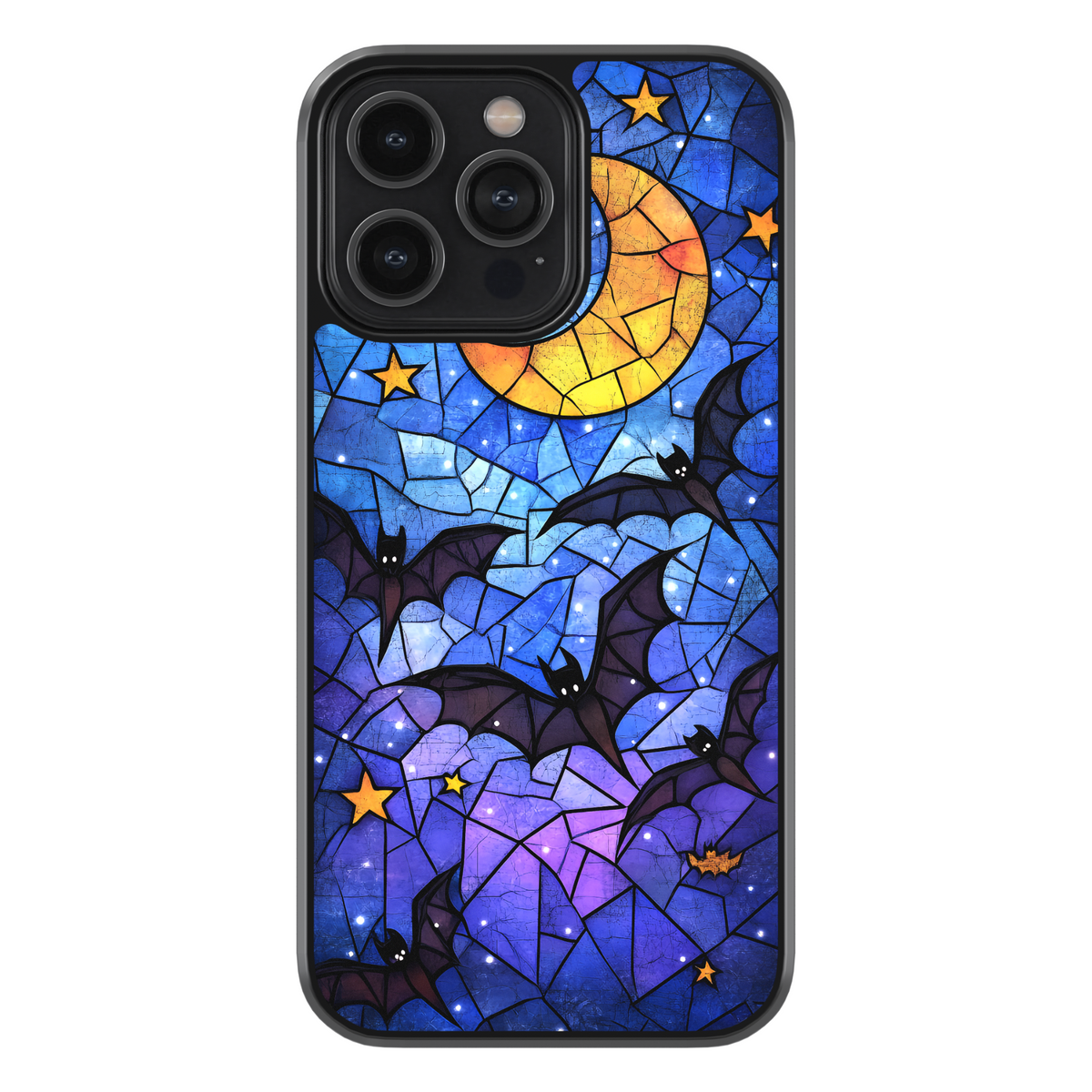 Stained glass Halloween iPhone case with moon, flying bats, stars, gothic aesthetic, spooky night phone cover, protective case for iPhone.
