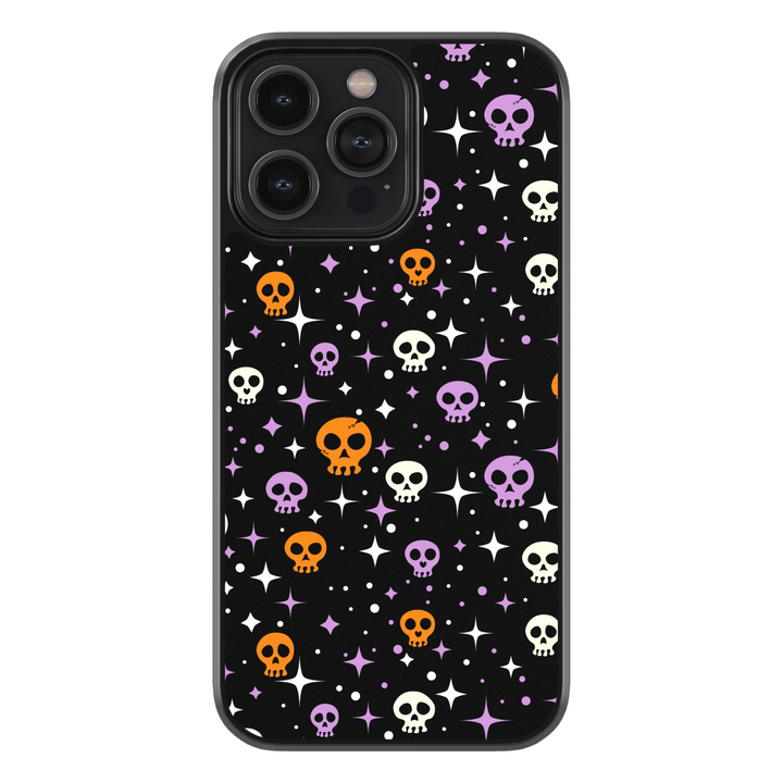 Halloween phone case with cute black cats, spooky ghosts, bats, bones, and spider webs – Halloween aesthetic design for iPhone and Samsung.
