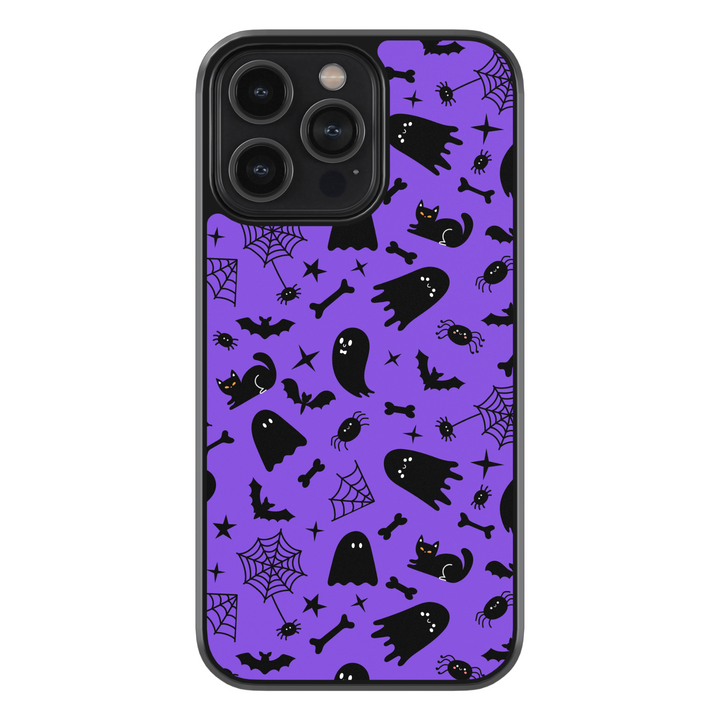 Purple phone case with cute black cats, spooky ghosts, bats, bones, and spider webs – Halloween aesthetic design for iPhone and Samsung.
