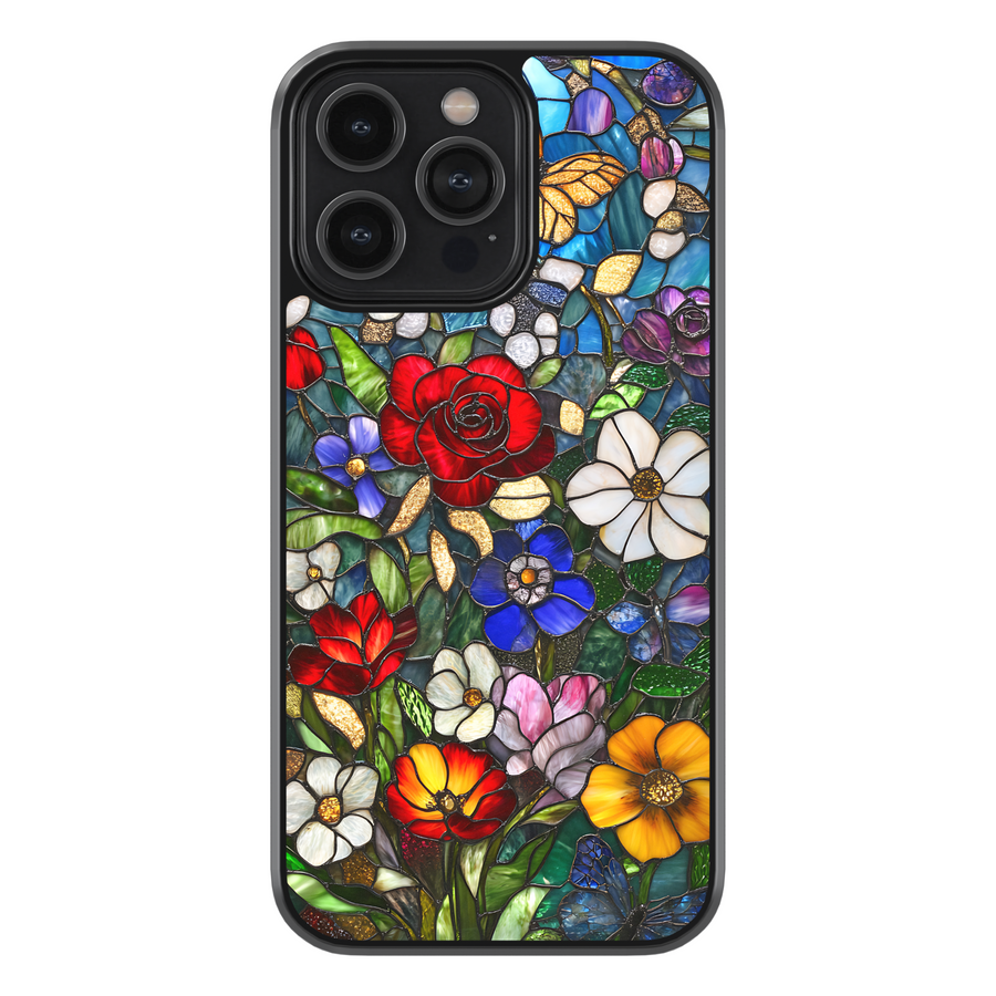 Stained glass poppy iPhone case with red flowers on a vibrant blue background – artistic floral phone cover