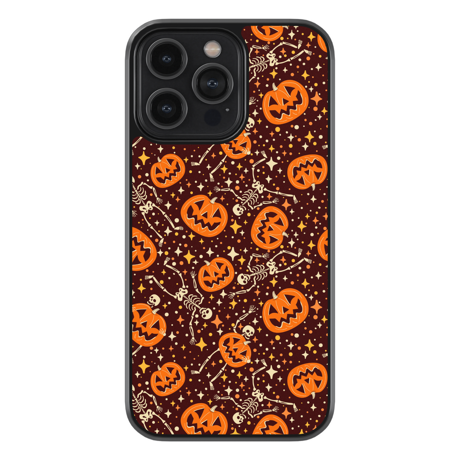 Halloween pumpkin skeleton iPhone case, spooky fall phone cover with jack-o’-lanterns, dancing skeletons, stars, tough protective case for iPhone 16, iPhone 15, iPhone 14, iPhone 13, iPhone 12, SE