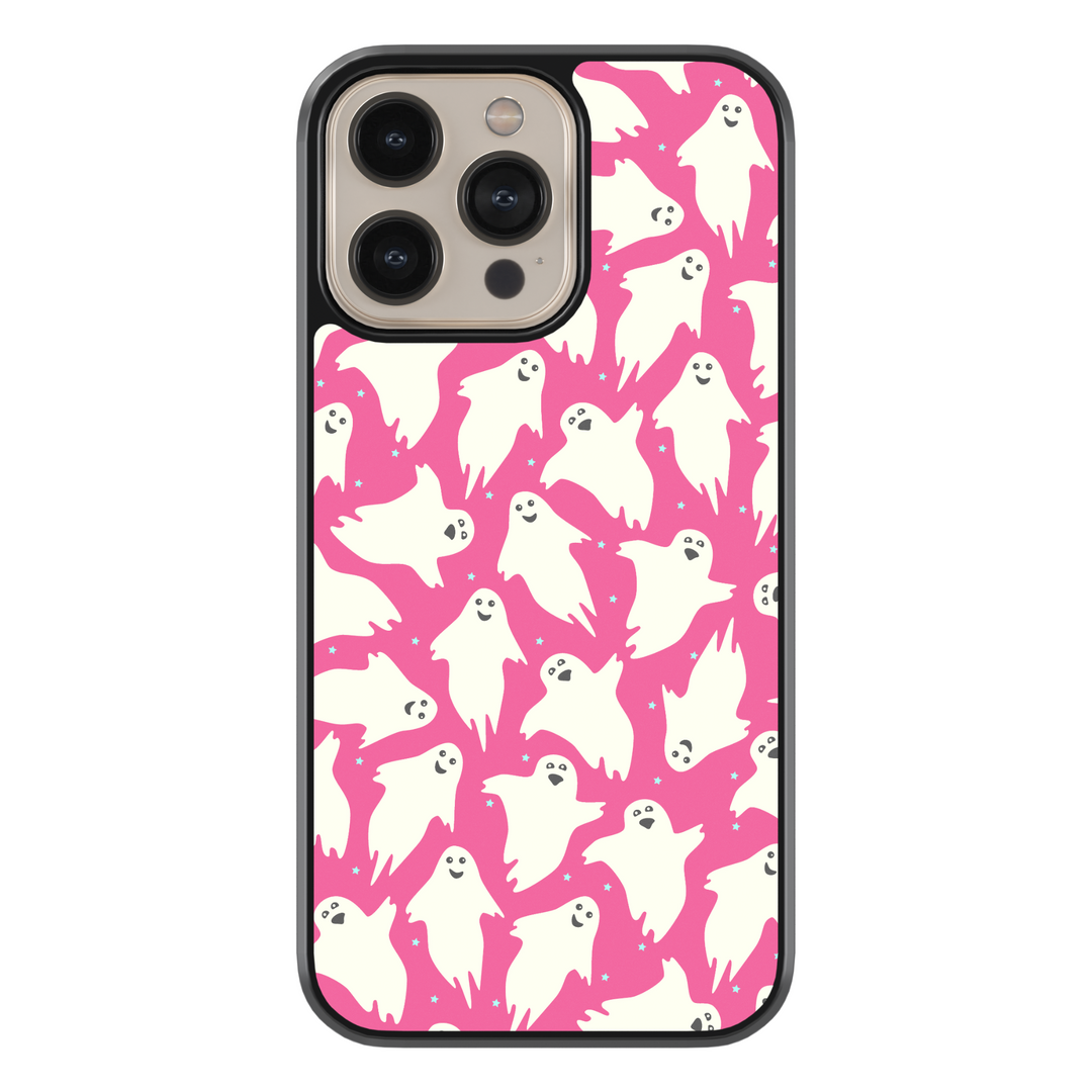 Girly pink Halloween iPhone case with spider webs, pumpkins, and cute spooky design.