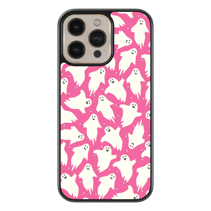 Girly pink Halloween iPhone case with spider webs, pumpkins, and cute spooky design.