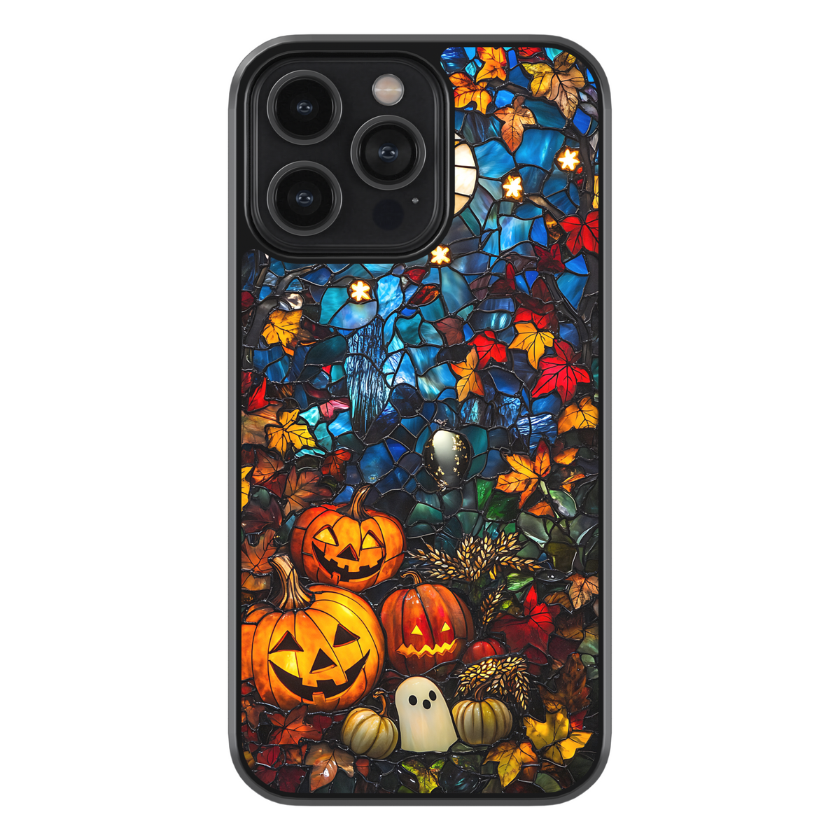 Halloween iPhone case with stained-glass style design, featuring glowing jack-o’-lantern pumpkins, ghost illustration, and colorful autumn leaves, protective fall aesthetic phone cover