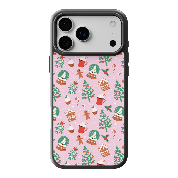 Minimalist black Christmas phone case with gold holiday icons including snowflakes, reindeer, ornaments, stockings, candy canes, mittens, and Christmas trees
