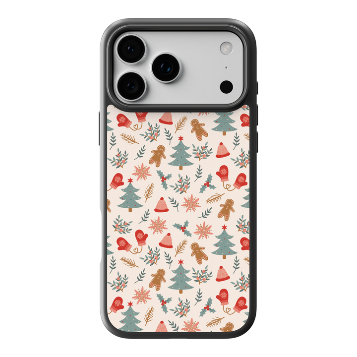 Cute Christmas phone case with gingerbread men, Christmas trees, red winter mittens, holly leaves, and holiday florals on a cream background
