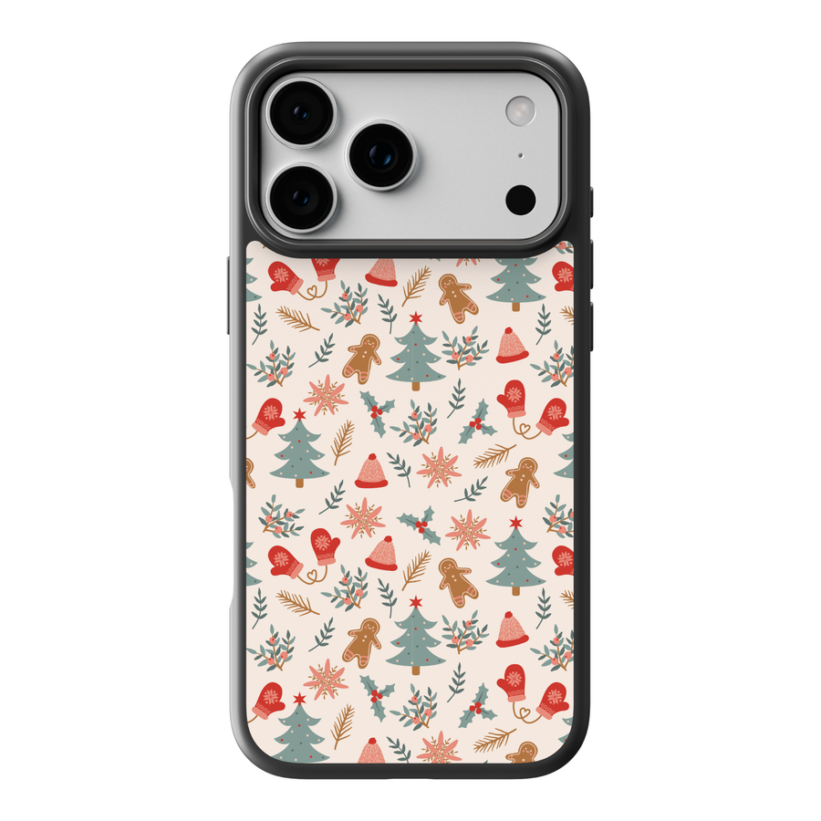 Cute Christmas phone case with gingerbread men, Christmas trees, red winter mittens, holly leaves, and holiday florals on a cream background
