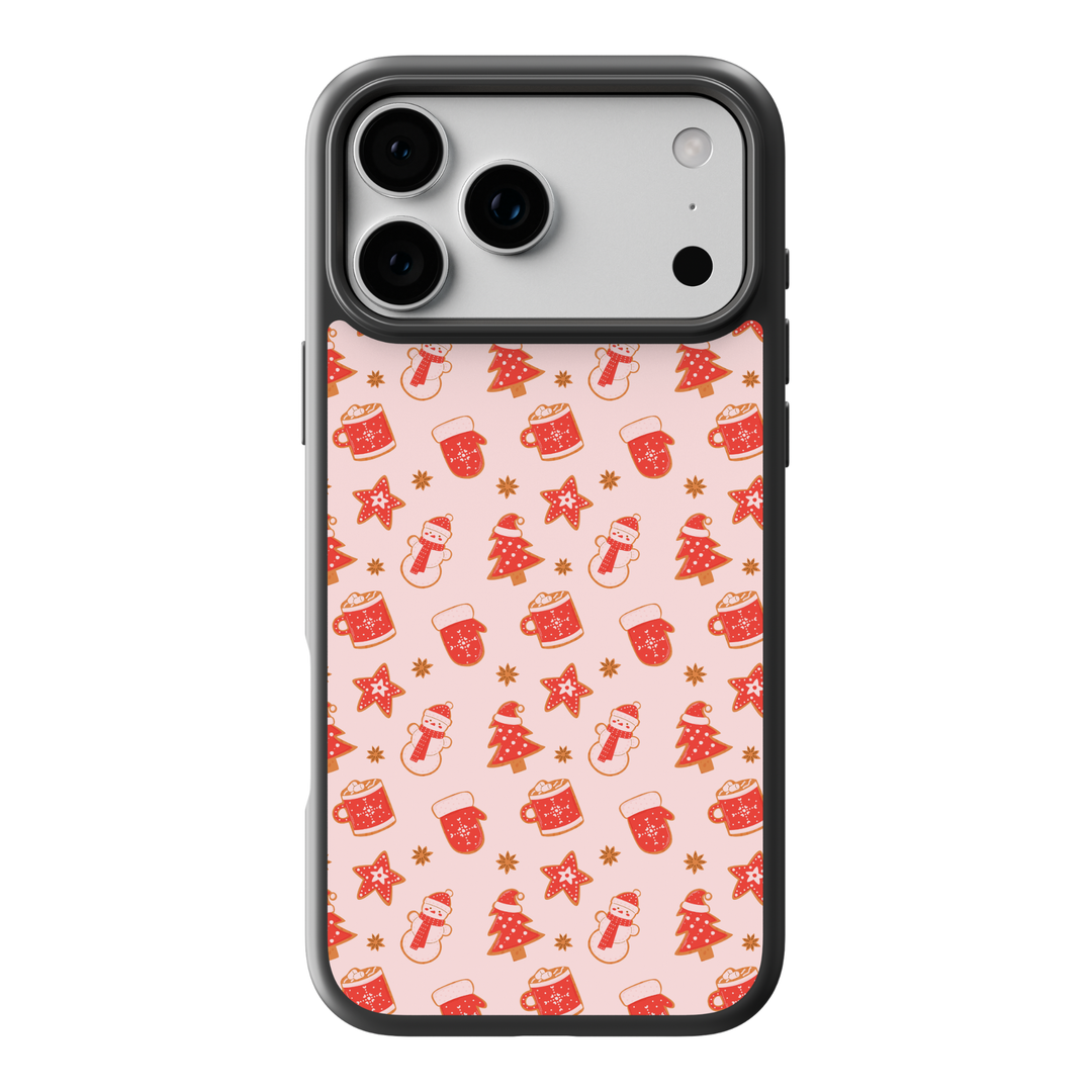 Pink Christmas phone case with red holiday mugs, mittens, cookies, snowmen, and festive winter icons in a cute repeating pattern
