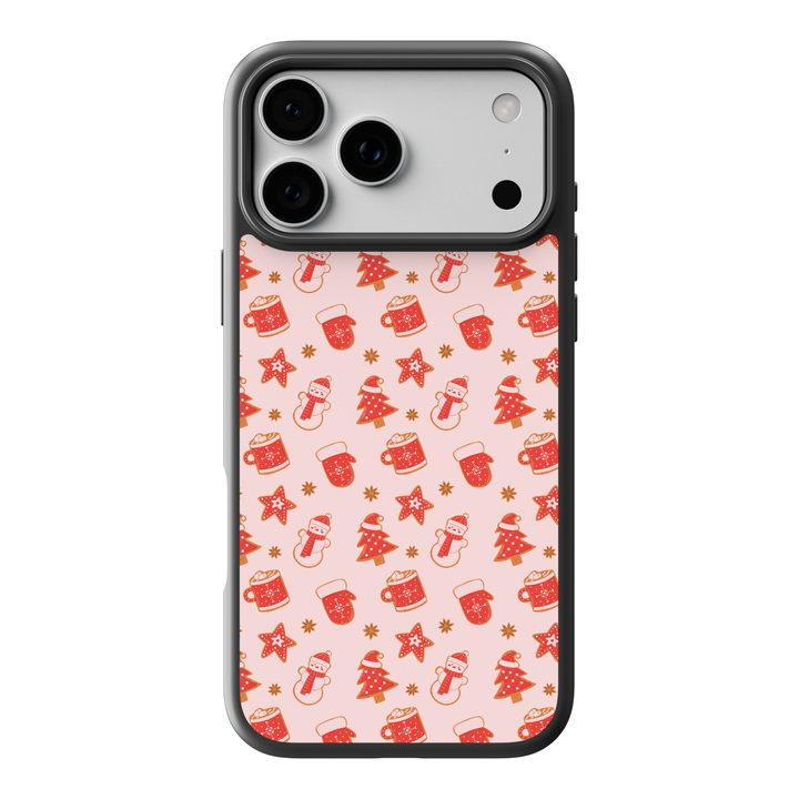Pink Christmas phone case with red holiday mugs, mittens, cookies, snowmen, and festive winter icons in a cute repeating pattern