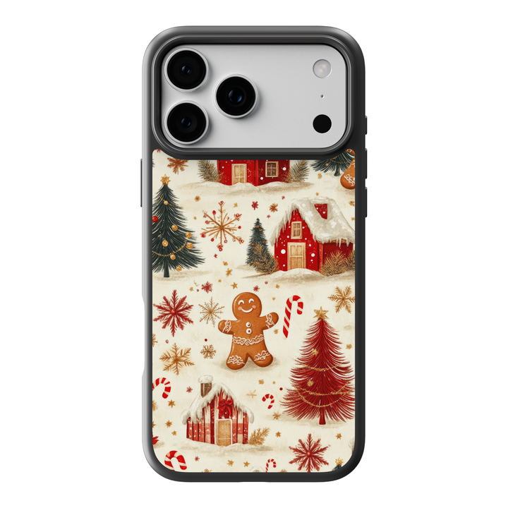 Christmas village phone case with gingerbread man, candy canes, snowy houses, red trees, and festive holiday pattern on cream background