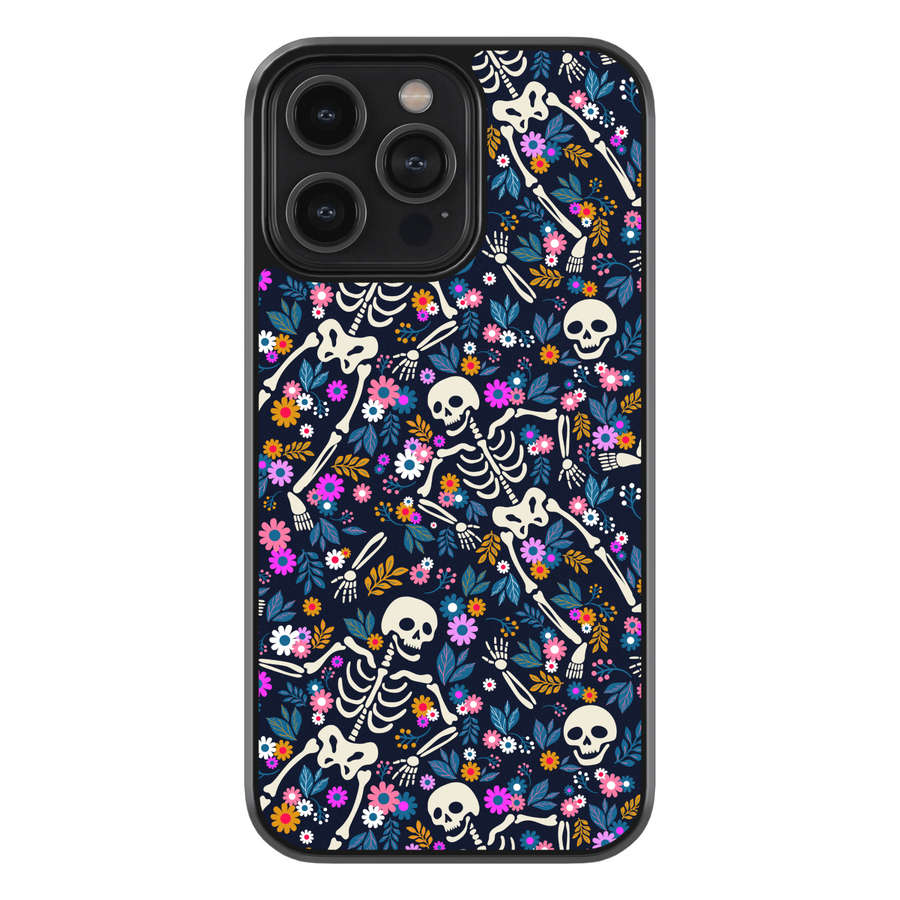Skeleton floral iPhone case with skulls and colorful flowers, cute gothic phone cover, aesthetic Halloween iPhone 16 15 14 13 12 case