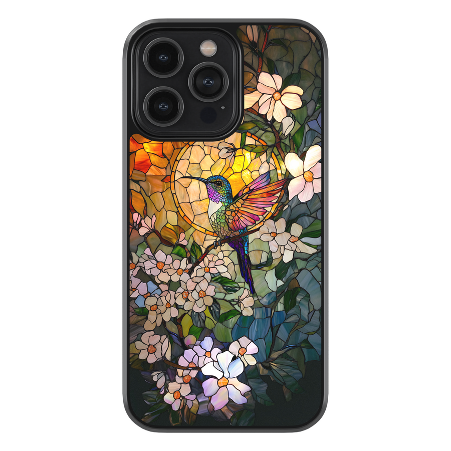 Stained glass poppy iPhone case with red flowers on a vibrant blue background – artistic floral phone cover