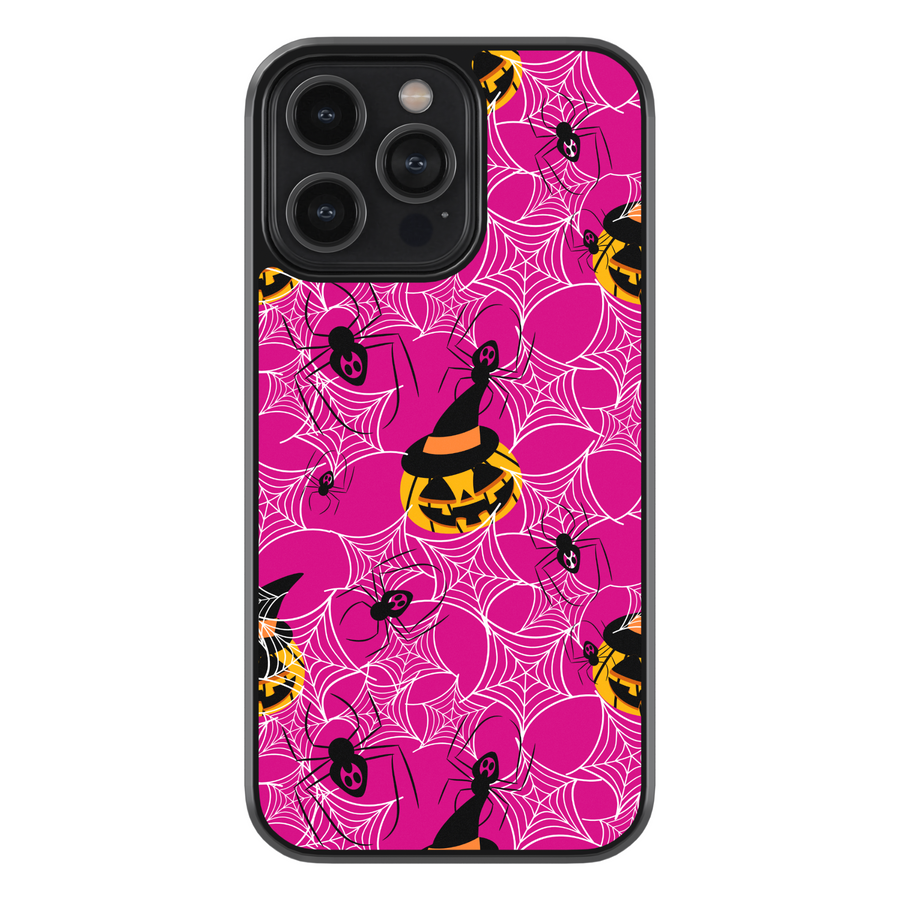 Girly pink Halloween iPhone case with spider webs, pumpkins, and cute spooky design.
