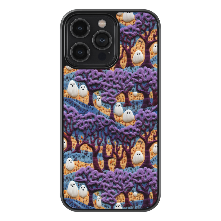 Cute ghost Halloween iPhone case with purple haunted forest design, spooky trees, whimsical ghosts, aesthetic Halloween phone cover, protective iPhone case for women and girls