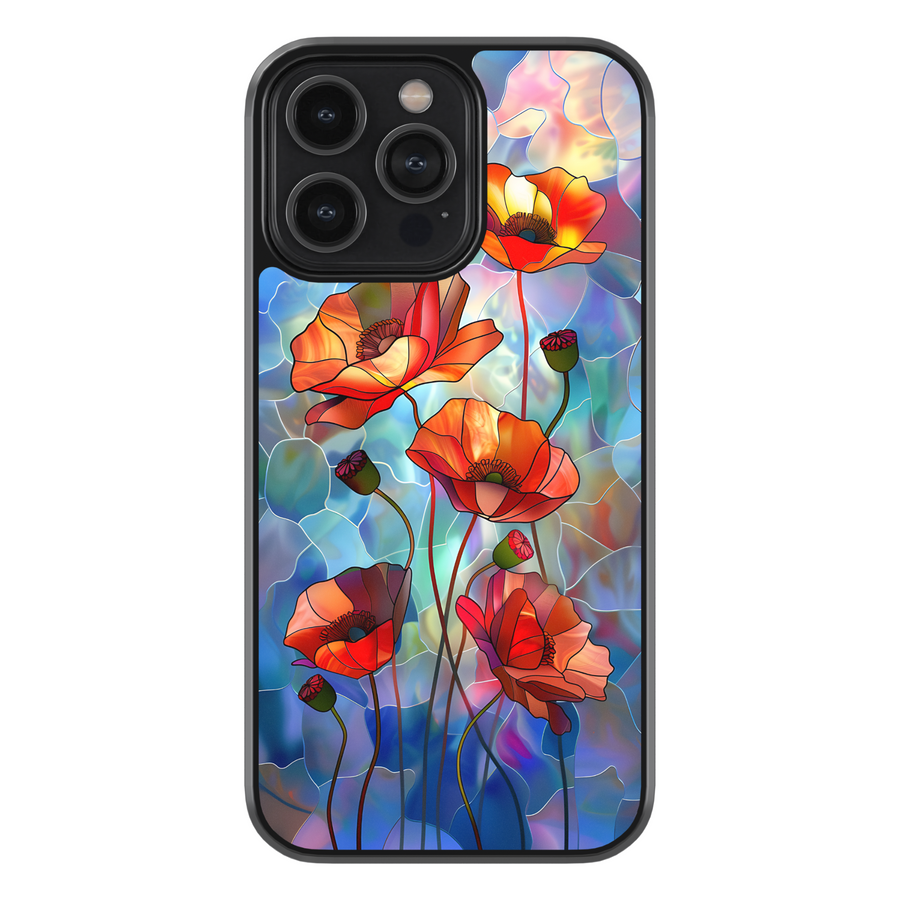 Stained glass poppy iPhone case with red flowers on a vibrant blue background – artistic floral phone cove